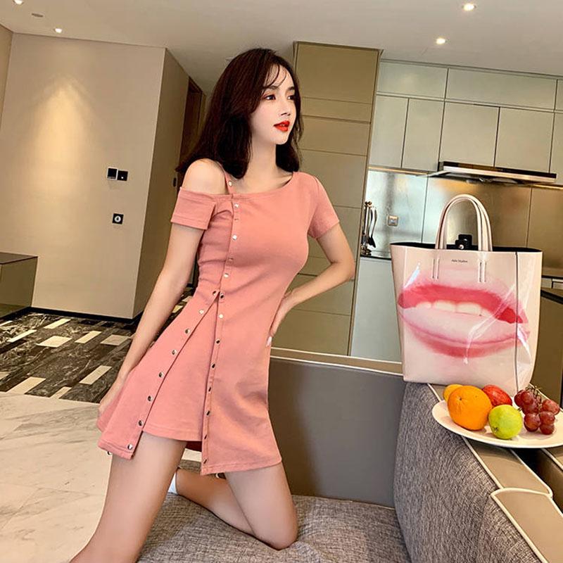 Summer Off-the-shoulder Suspender Skirt Irregular Metal Buckle Slim Solid Color Niche Dress Women's Summer