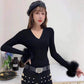 V-neck Women's Blouse Slim-fit Plush Long-sleeved Tight-fitting Bottoming Shirt Short Pullover Winter