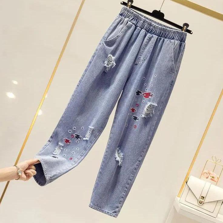 M-4XL Women's Spring Summer Print Jeans Female Autumn Loose Large Size Elastic Waist Blue Harem Pants