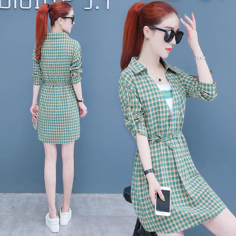Pofulove Summer dress plus size women's plaid dress slim short sleeve shirt dress with pocket