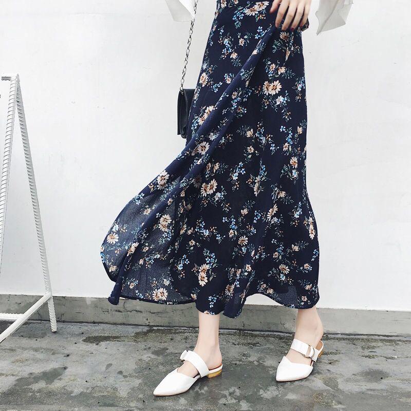 Vintage Floral Print Pockets All-match Women Long Half Length Skirt Autumn Loose Casual Female Skirt