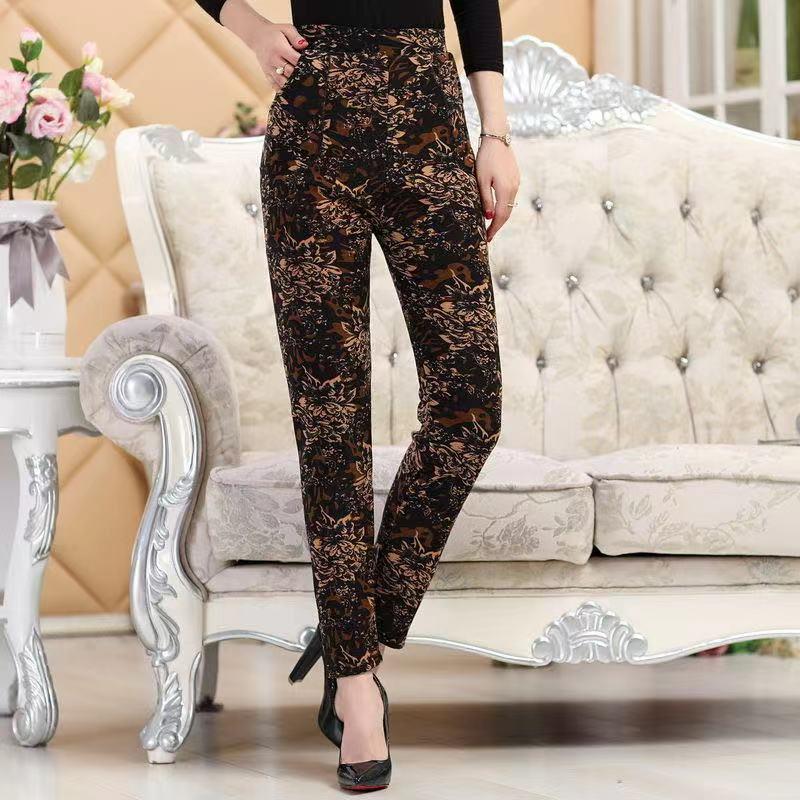 Mother Pants Autumn and Winter Plus Velvet Stretch Slimming Slimming Outer Wear Elastic Waist Leggings High Waist Middle-aged and Elderly Casual Pants