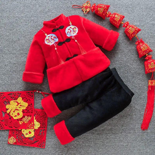 Boys Chinese Style Autumn and Winter Cotton Clothing Suit Newborn Printing Tang Suit Single-breasted Flocking Red Warm Cotton Clothing