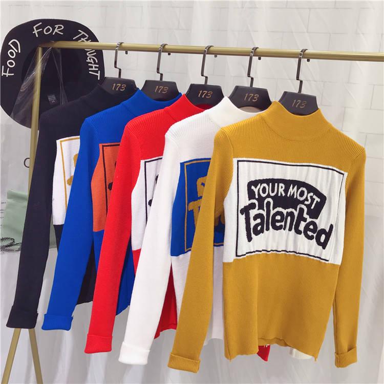 Pofulove Colorblock Lettering Turtleneck Sweater Hong Kong Style Retro Bottoming Slim Fit