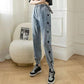 Embroidered Heart Harem Jeans Women's Spring and Autumn Denim Trousers High Waist Elastic Large Size Loose Casual Denim Pants