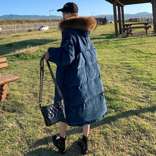 Gold Velvet Down Jacket Women's Winter Mid-length Loose and Thicker Thin Over-the-knee Jacket Women