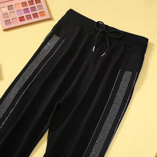 Spring and Autumn Women's Rhinestone High Waist Harem Pants Large Size Loose Versatile Black and White Long Pants