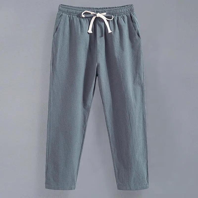 Men's Summer Linen Ninth Pants Loose Straight Casual Trousers Thin Cotton Linen Pants Youth Sweatpants Adjustable Elastic Waist Pants