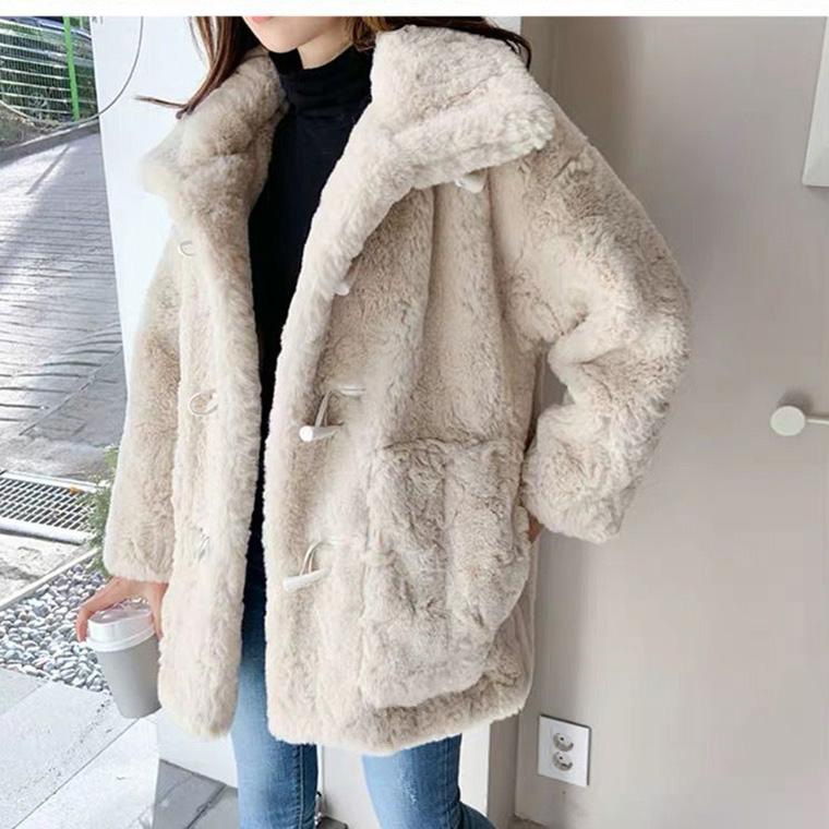 Winter Lamb Velvet Fur Coat Female Stand-up Collar Mid-length Lazy Style Horn Button Imitation Rex Rabbit Fur Coat