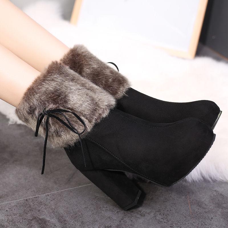 Winter Snow Boots High Heels Thick Bottom Middle Boots Cotton Shoes Black Plush Ladies Boots Women