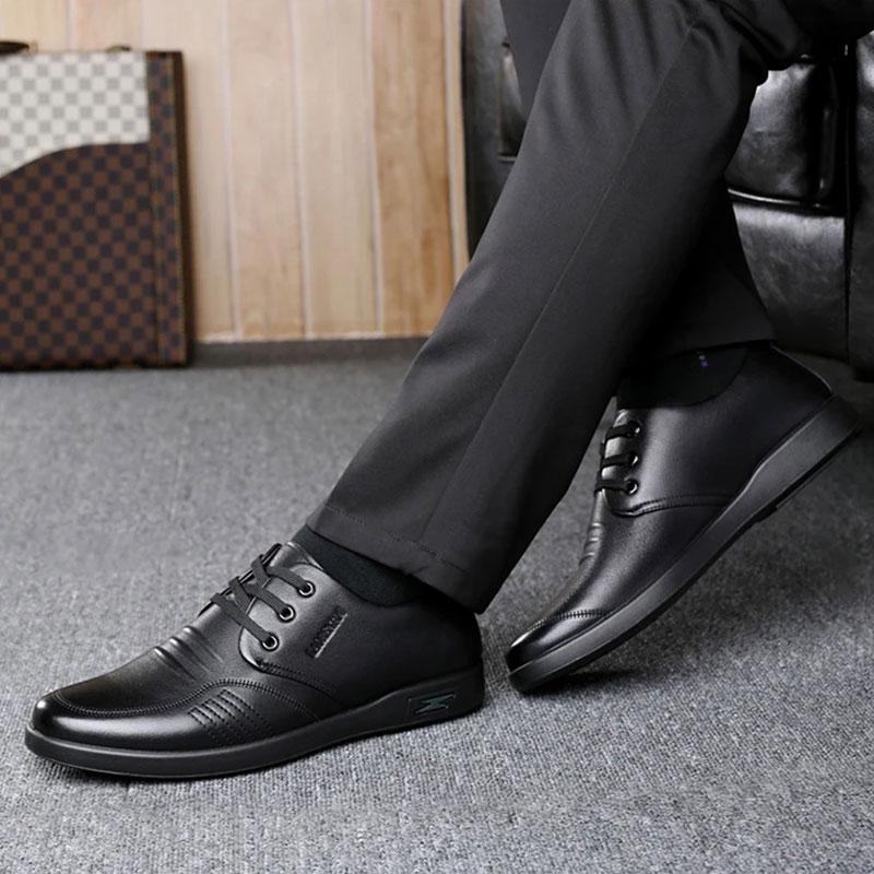 Men's Spring and Autumn Business Leather Shoes Real Cowhide Round Toe Breathable Dad Shoes Husband Casual Shoes Korean Men's Lace-up Shoes