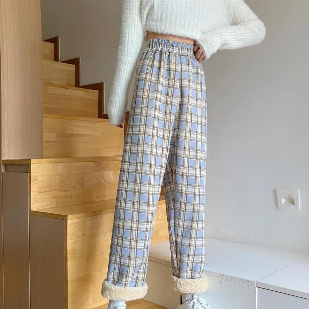Women's Winter Casual Cashmere Plaid Slim Pants Female Plush Thickened Versatile Loose High Waist Wide Leg Pants
