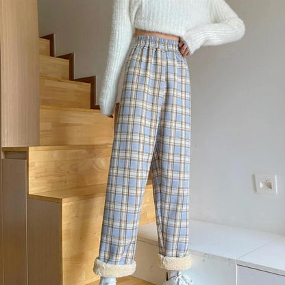 Women's Winter Casual Cashmere Plaid Slim Pants Female Plush Thickened Versatile Loose High Waist Wide Leg Pants