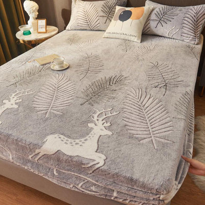Winter Double-sided Snowflave Bed Pillow Set Three-piece Plus Thick Warm Plush Anti-skating Sheet