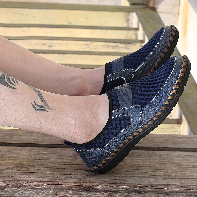 Cowhide Sandals Men's Hollow Mesh One Pedal Peas Shoes Men's Shoes Breathable Casual Lazy Shoes
