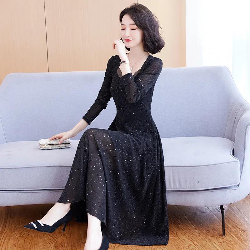 Spring and Summer Mesh Dress Women's Long-sleeved Long Section Slim Temperament Long Rectangular Neckline Printed Skirt