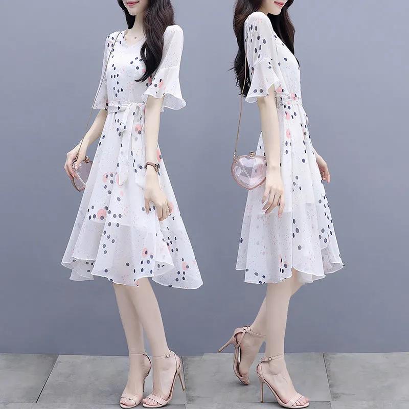 Women Summer Elegant Dress Vintage High Waist Fairy Casual Thin Dress Slim Vintage Dot Print V-neck Pleated Dress