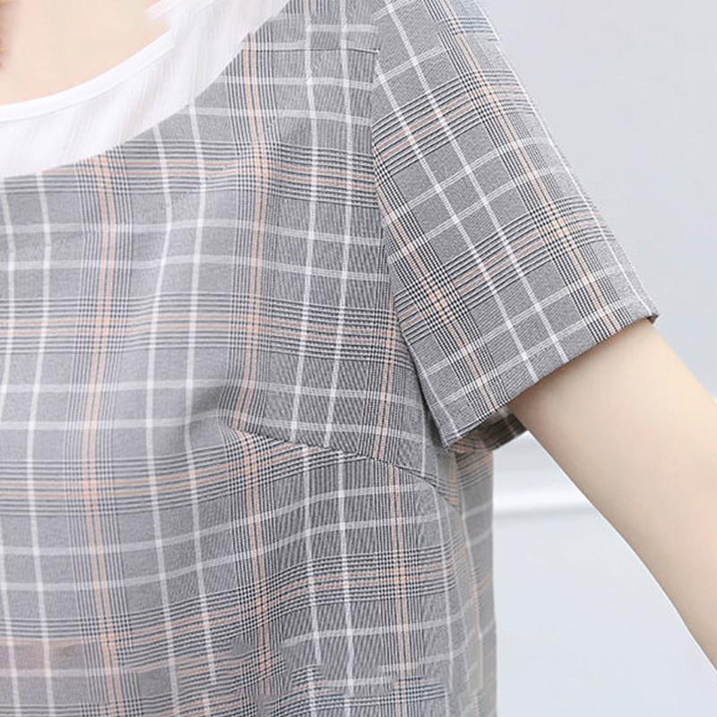 Women's Loose and Thin Casual Plaid Suit Women's Casual Pants Two-piece Suit Round Neck Short Sleeve + Casual Straight-leg Pants Ladies Daily Suit