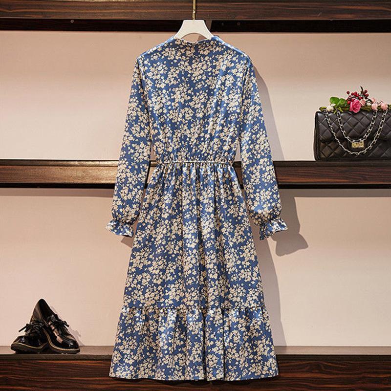 Floral Chiffon Dress Female French Bellflower Style Temperament Was Thin In The Long Section Dress Female Chiffon Long-sleeved Dress
