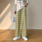 Women's Summer Plaid Trousers Korean Style Japanese Loose Thin Wide-leg Pants All-match Straight Casual Pants Retro High Waist Elastic Pants