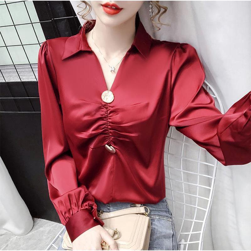 Polo Collar Long-sleeved Chiffon Shirt Women's Design Sense Niche Retro Western Style All-match Top