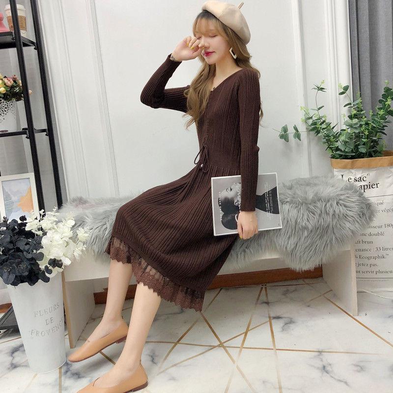 Pofulove 6 Colors Women Elegant Sweater Dress Long Section Turtleneck Lace Knitted Skirt Pullover