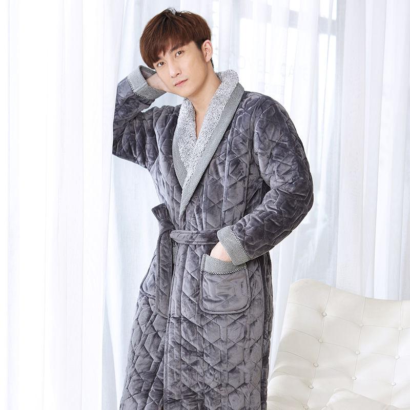 Winter Night Gown Thickened and Long Coral Fleece Quilted Flannel Winter Plus Velvet Bathrobe Pajamas Men