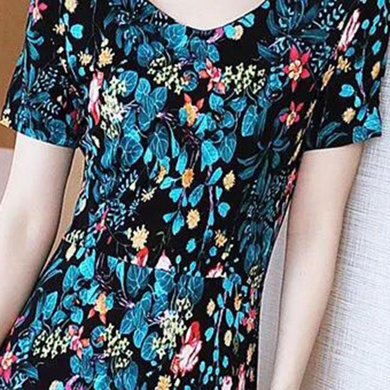 Women's Plus Size Loose Long Printed Dress Slim Round Neck A-line Skirt