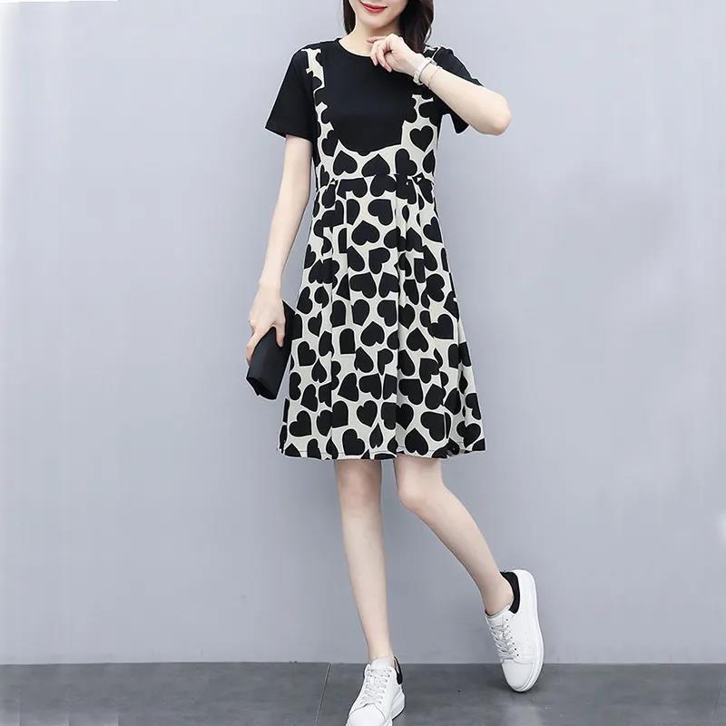 1 Pcs Stitching Short Sleeve Dress Plus Size Women's Clothing Spring Summer S-XXXL Loose Love Heart Shape Print