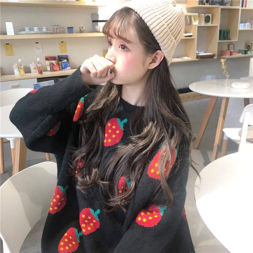 Women's Strawberry Loose O-Neck Pullover Sweater Cute Thick Warm