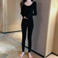 Women's Autumn Winter Tight Elastic Pajamas Set Striped Slim Body Fit Body Underwear Solid Color Round Neck Bottoming Warm Sleeping Set Loungewear