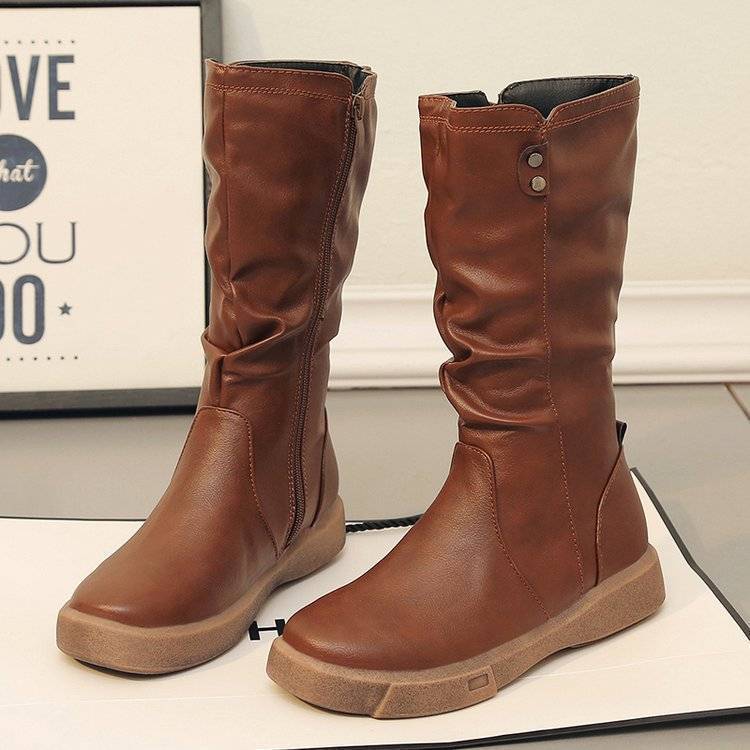 Women's PU Martin Boots Autumn Winter Flat Boots Plus Velvet Knight's Style Boots  Zipper Leather Shoes