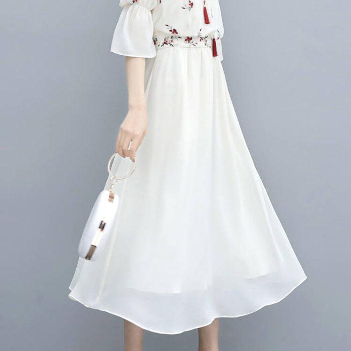 Pofulove XS-3XL Women Floral Chiffon Dress Office Lady Slim Short-sleeved V-neck A-line Beach Dress