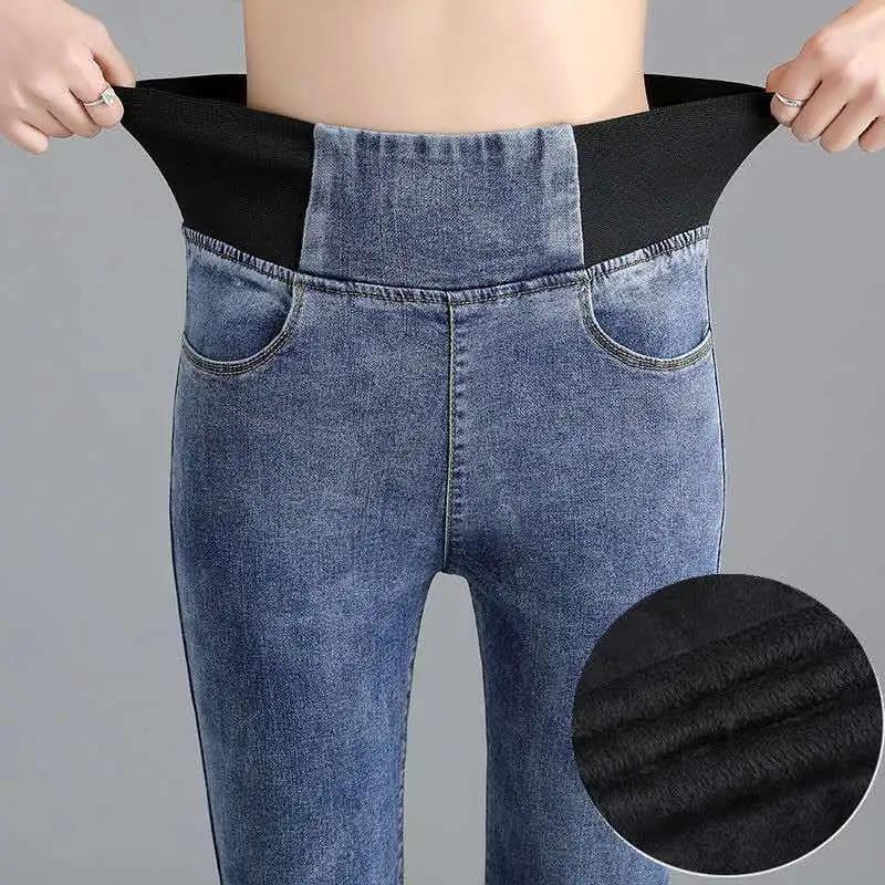 Winter High-waist Denim Trousers Women Plus Velvet Thick Stretch Plus Size Slim-fit Feet Pants Elastic Waist Black Blue Extra Thick