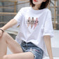 Cotton One-piece Short-sleeved T-shirt Women Loose Casual Tops White Printed T-shirt Round Neck Short-sleeved Loose Casual