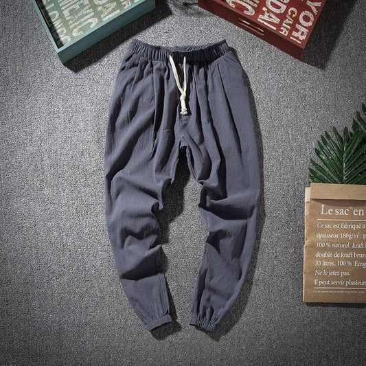 Linen Pants Men's Summer Thin Linen Cropped Trousers Solid Color All-match Beam Pants Handsome Cotton and Linen Casual Pants