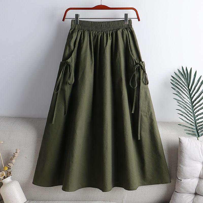Workwear Half Body A-line Skirt Women's Pure Cotton Versatile Solid Color Lace-up Drawstring Pocket Mid-Length