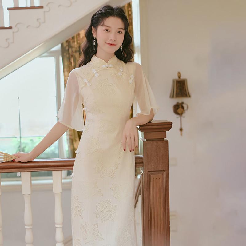 Improved Version of Chinese Style Women's Hanfu Cheongsam Women's Retro Elegant Long Temperament Dress Slim Cute Retro Style Embroidery Pattern