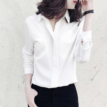 V-neck Chiffon Shirt Women's Long-sleeved Loose Pullover Shirts Korean Style Temperament Solid Color Double Layer Collar Shirt Blue White Casual Shirt