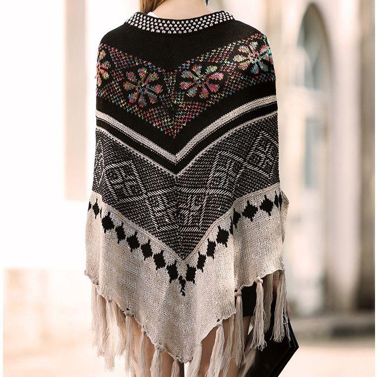Bohemian Ethnic V-neck Sweater Women's Mid-length Pullover Cape Shawl Batwing Sweater Coat Tassel Sweater Autumn Winter