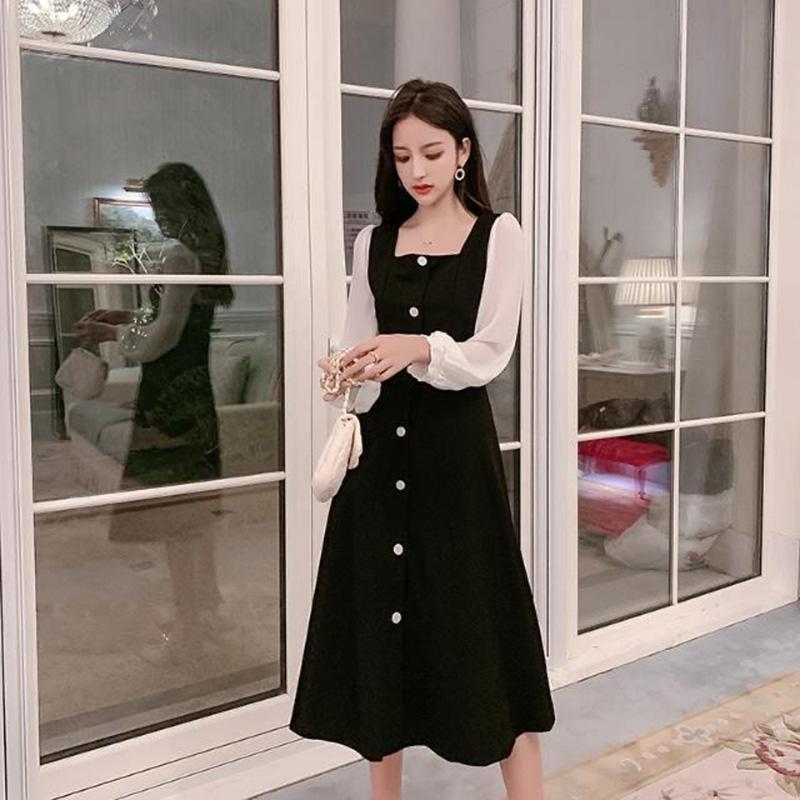 Ladies' Retro Temperament, Small Incense Wind Receiving Waist Thin Mid-length Dress Female Black and White Stitching Long Sleeve Dress
