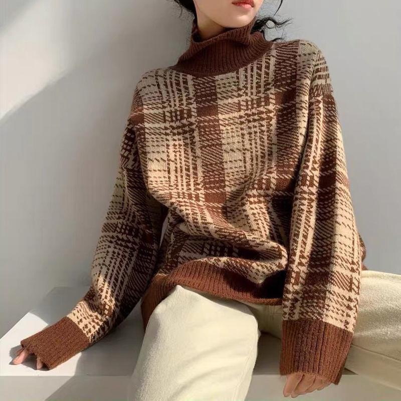 Autumn Winter  Women Fashion Sweater Casual Knitting Plaid Sweater  Round Neck Pullovers Loose Casual Long Sleeve Sweater