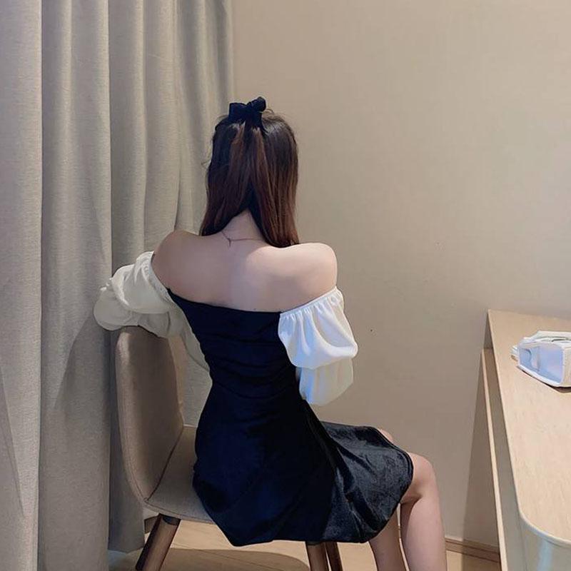 Fashion Spring Stitching Bubble Sleeve Dress Sexy Slash Neck Off Shoulder Dress A-line Dress