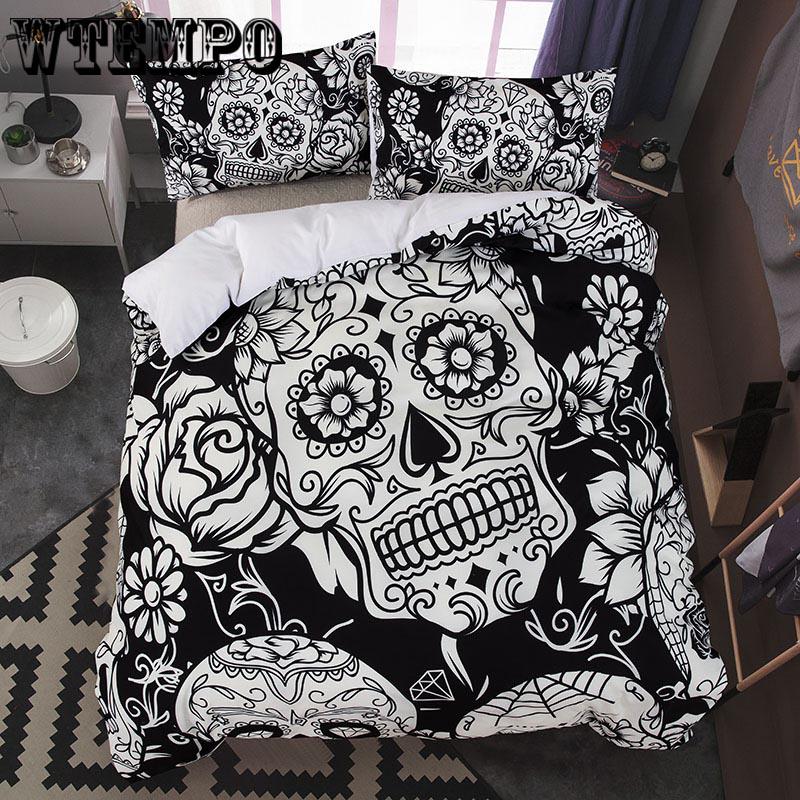 Sugar Skull Cover Set Boys Duvet Bedding Black and White Home Textiles Floral Printed Gothic