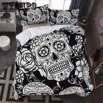 Sugar Skull Cover Set Boys Duvet Bedding Black and White Home Textiles Floral Printed Gothic