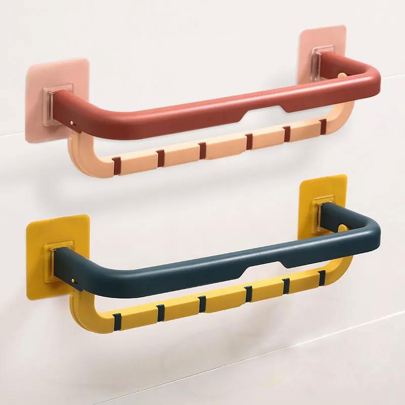 Folding Towel Rack Free Punching Bathroom Toilet Towel Rack Double Towel Bar Hook Kitchen Toilet Wall Hanging Rack Top Home Organization