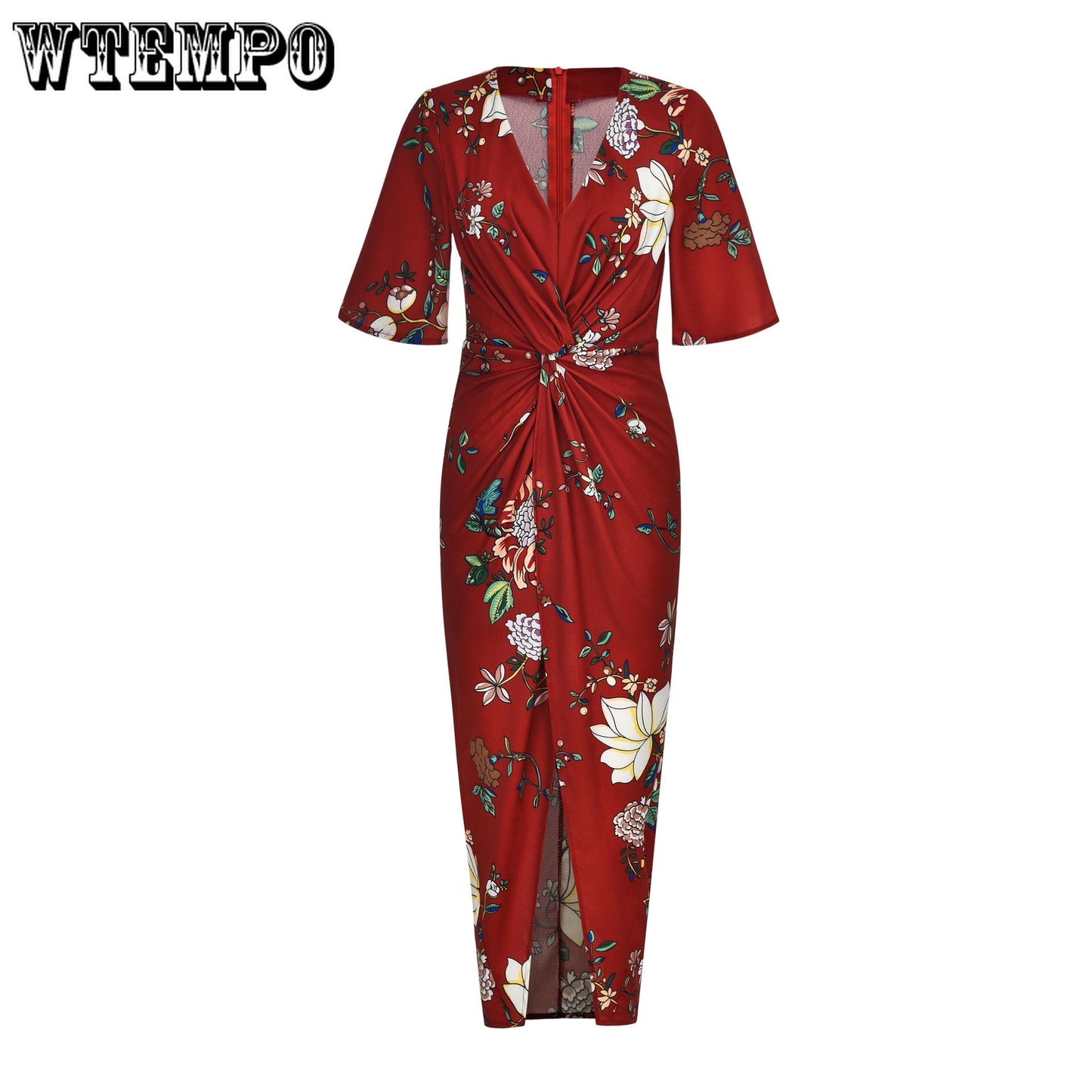 V-neck Chiffon Print Irregular Dovetail Split Bohemian Holiday Dress Long