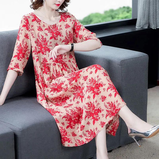 Women's  A-line Skirt Plus Size Loose Long Printed Dress Slim Round Neck Dress