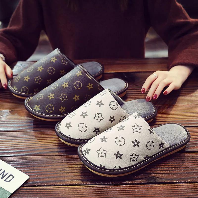 PU Waterproof Slippers Women Men Winter Plush Keep Warm Flat Home Shoes Woman Soft Comfort Female Shoes Sewing Interior Slipper
