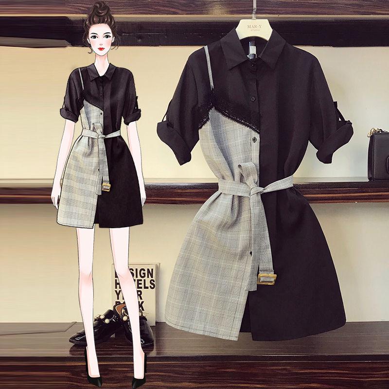 Summer Office Lady Black Dress Stitching Shirt Dress Simple Plus Size Dresses with Belt